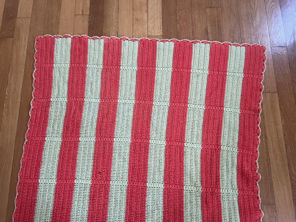 Handmade Crochet Striped Afghan Blanket Lap Throw 71x50 Coral Green Cottage